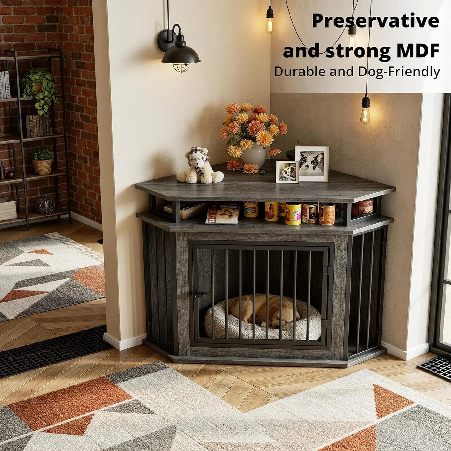 44" Corner Dog Crate with 2-Tier Shelves, Wooden Kennel Furniture for TV Stand,