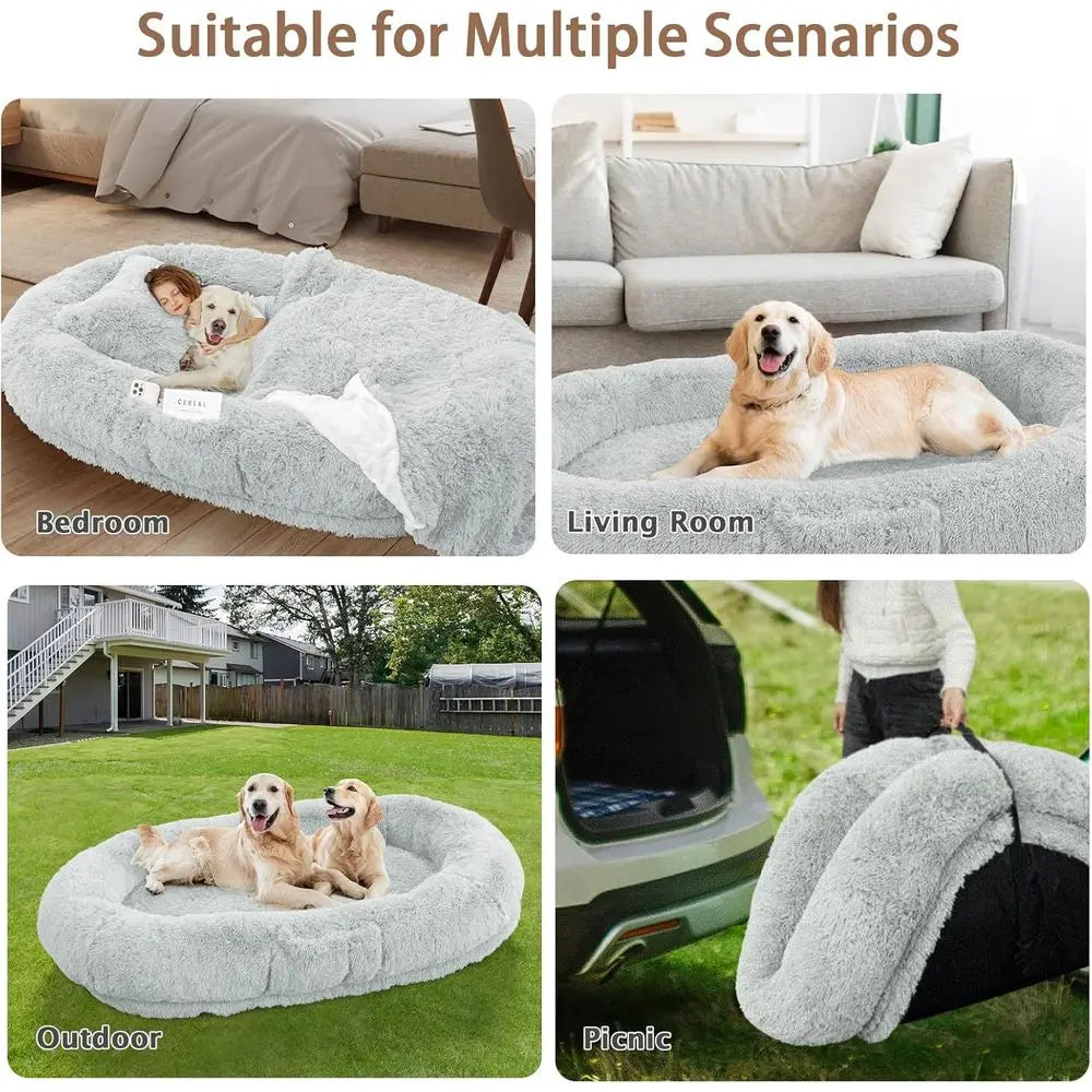 Oversized 71x45x12 Grey Memory Foam Dog Bed with Pillow, Blanket & Strap