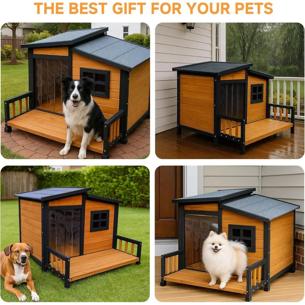 Large Dog House Outdoor Indoor  Wood Insulated Dog Kennel Home with Durable Weatherproof Asphalt Roo an
