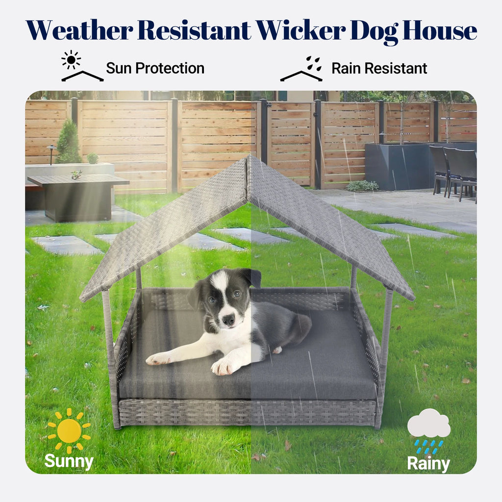 Wicker Dog House, Elevated Rattan Dog Bed with Canopy