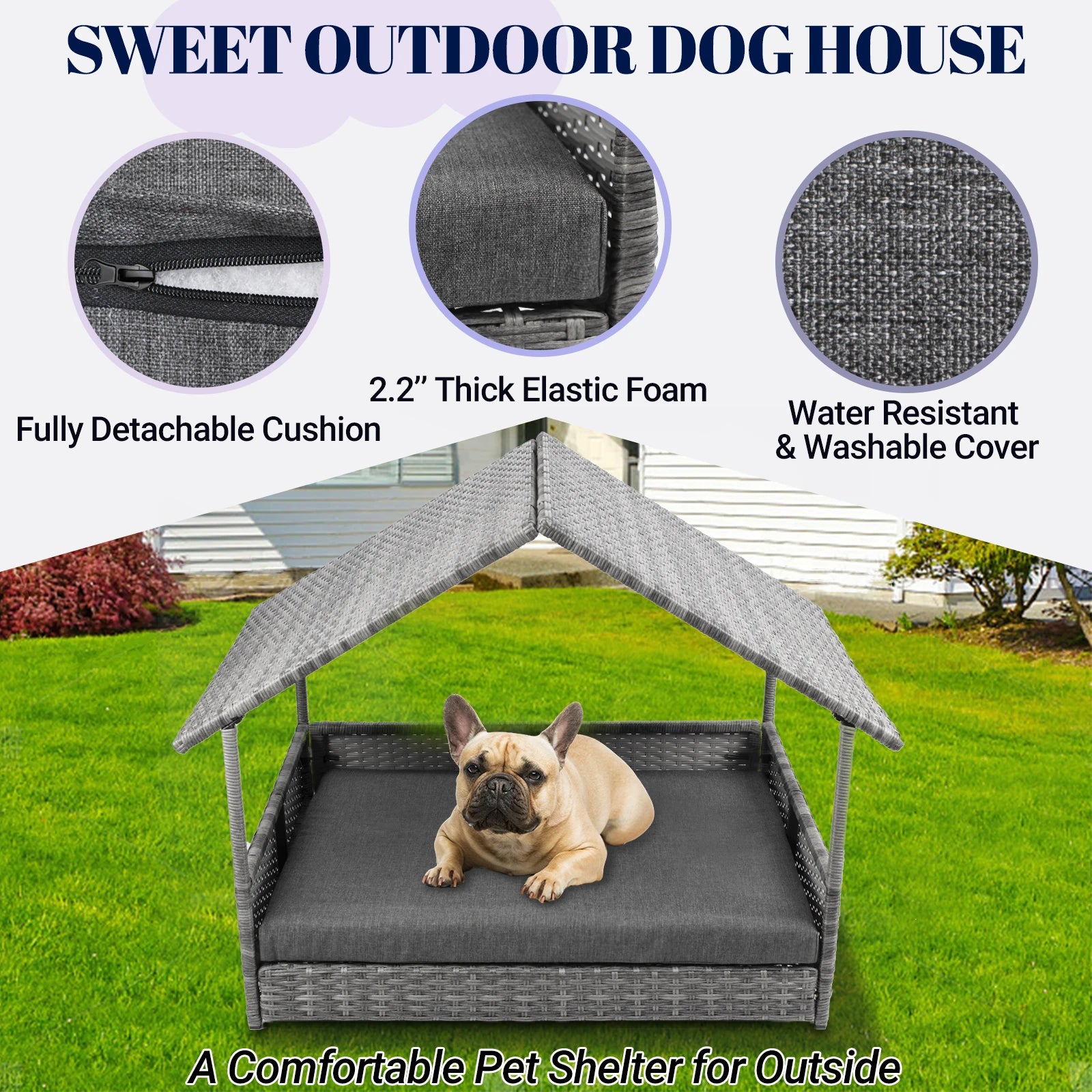 Wicker Dog House, Elevated Rattan Dog Bed with Canopy