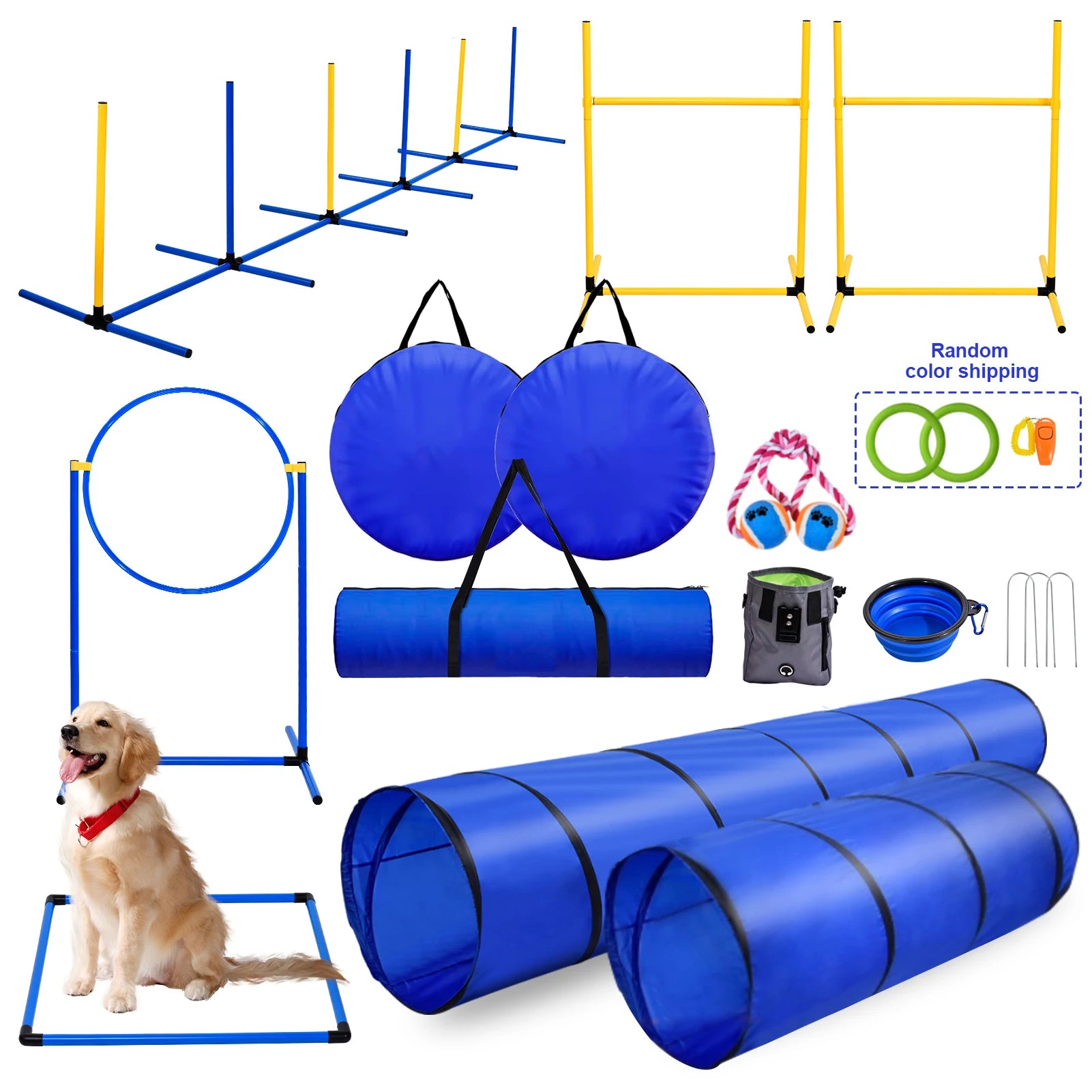 Dog Agility Course Set Dog Training Kit with 2 Tunnels.