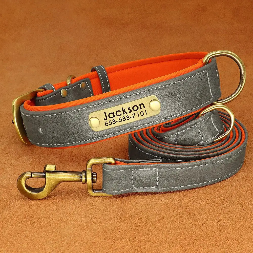 Leather Dog Collar Leash And Collar With Free Engraved Nameplate
