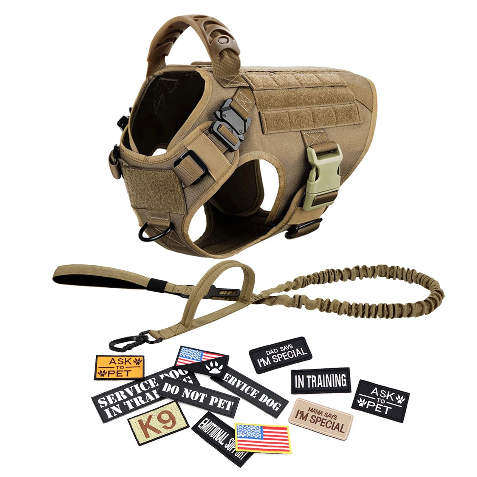Military Large Dog Harness Collar Leash Bags Patches Set