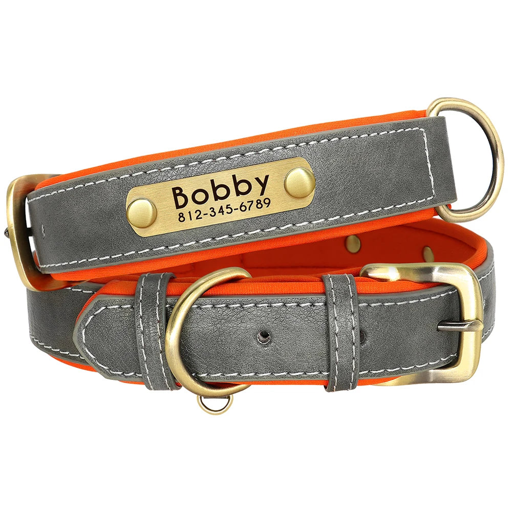 Leather Dog Collar Leash And Collar With Free Engraved Nameplate