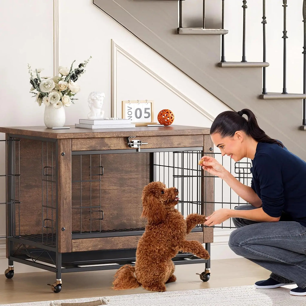 Rustic Dog Crate Furniture with Wheels  Heavy Duty Metal and Wood Dog Kennel