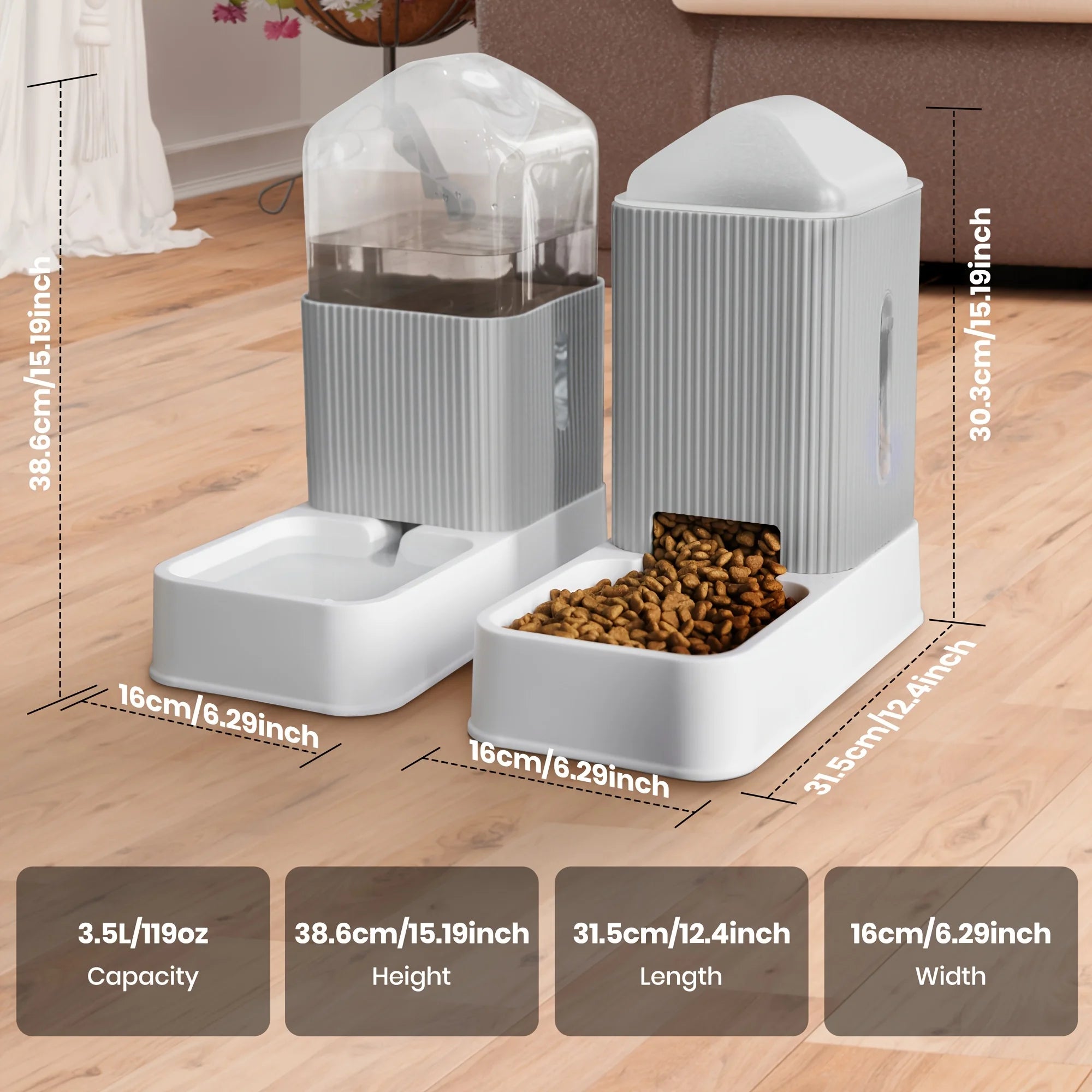 3.5L Automatic Dog/Cat Feeder And Water Dispenser Combo, Removable Stainless Steel Bowl
