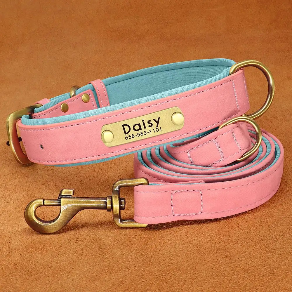 Leather Dog Collar Leash And Collar With Free Engraved Nameplate