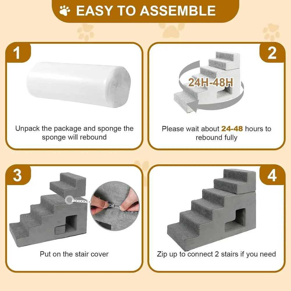 Pet Steps for Small Dogs: 6-Step Foam Stairs with Non-Slip Cover for High Beds