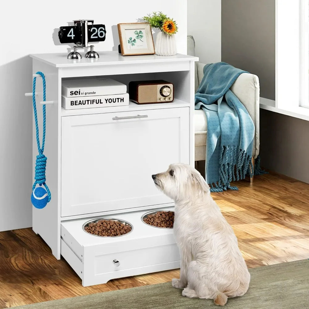 Pet Feeder Station, Dog Food Storage Container with Double Pull Out Dog Bowls,