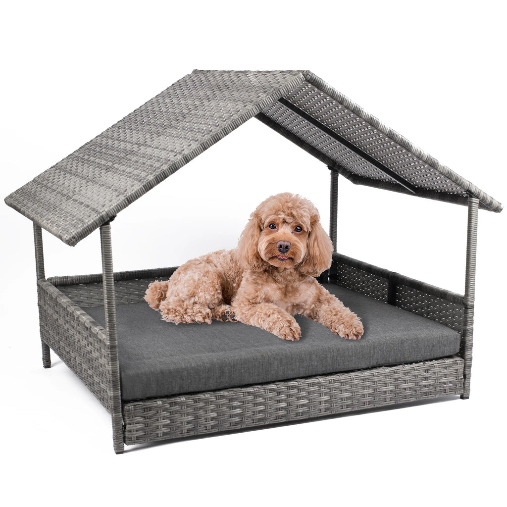 Wicker Dog House, Elevated Rattan Dog Bed with Canopy