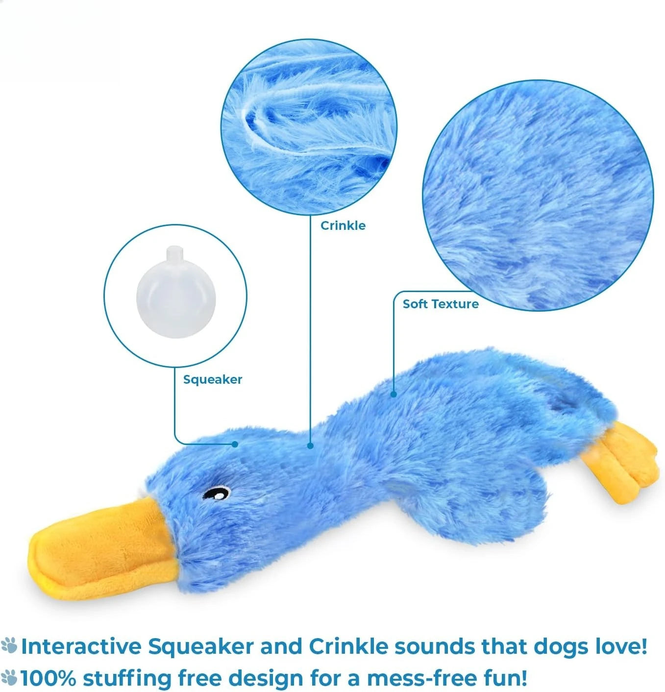 Interactive squeaky dog chew toy, crinkle duck
