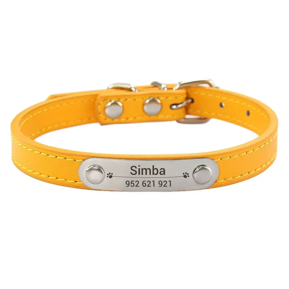 Personalized Dog Collar Name Carved 16 Colors Solid PU Leather Collar