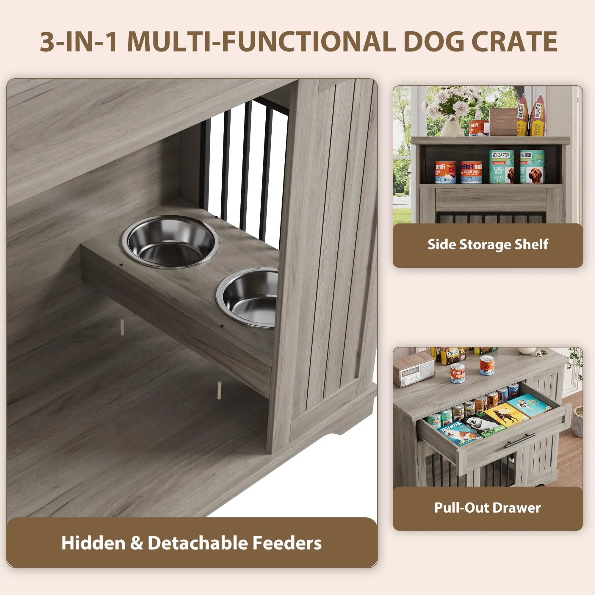 44 Inch Furniture Style Dog Crate Heavy Duty Wooden Dog Kennel With Drawer Side Storage & Built-in Feeding Station For Pets