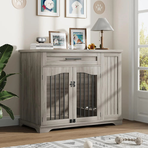 44 Inch Furniture Style Dog Crate Heavy Duty Wooden Dog Kennel With Drawer Side Storage & Built-in Feeding Station For Pets