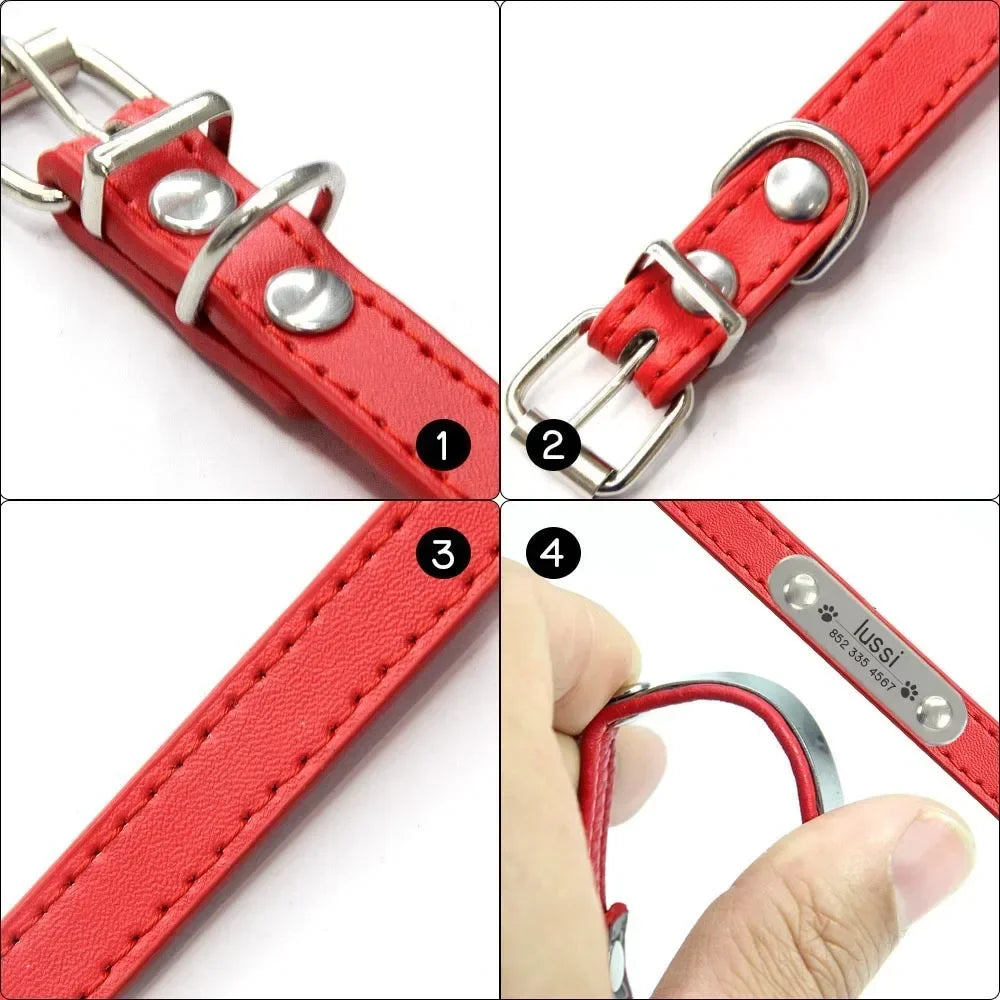 Personalized Dog Collar Name Carved 16 Colors Solid PU Leather Collar