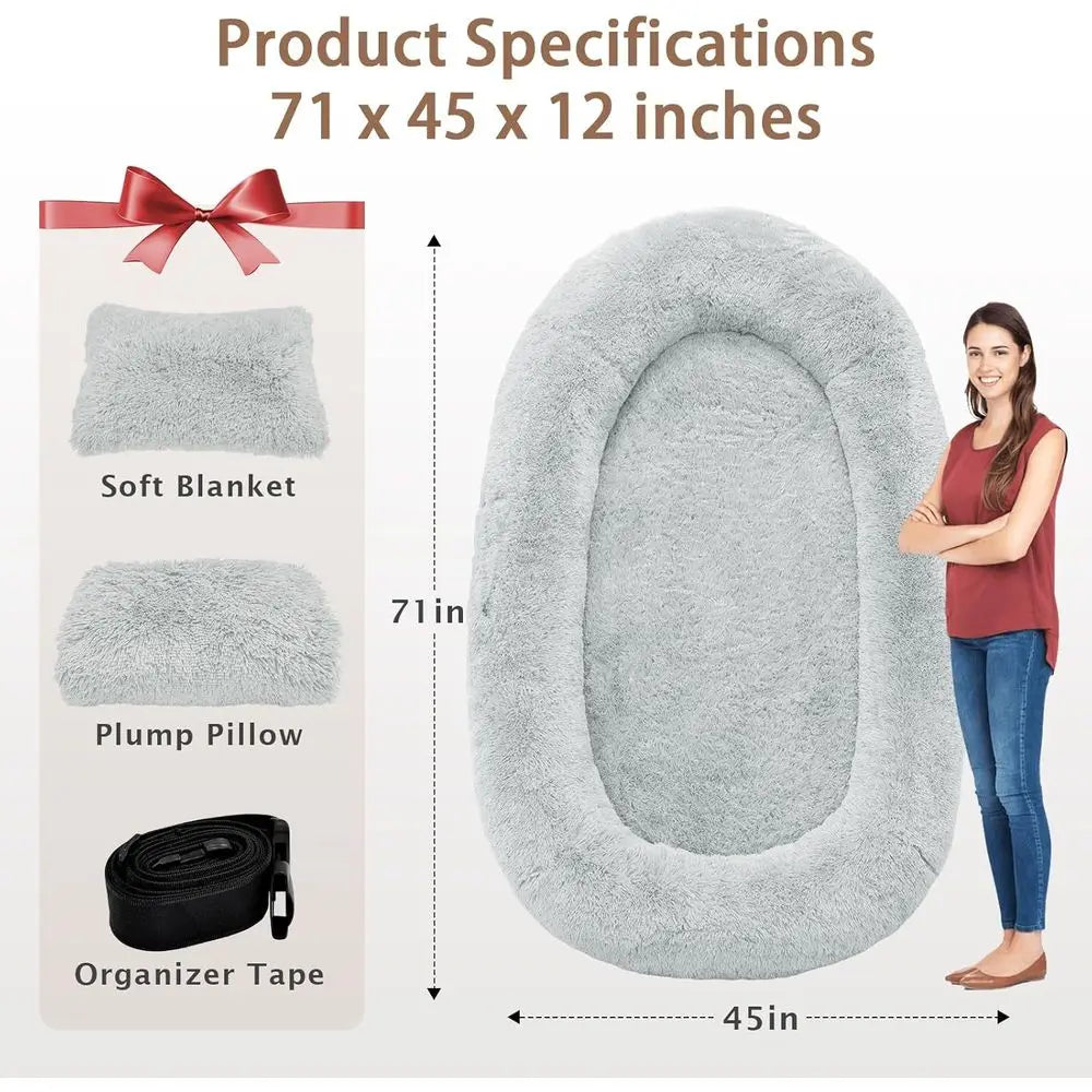 Oversized 71x45x12 Grey Memory Foam Dog Bed with Pillow, Blanket & Strap
