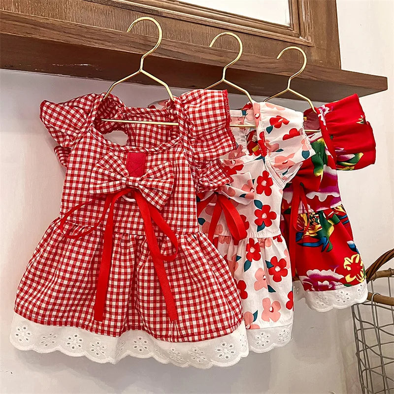 Summer Pet Dress Floral Pattern Plaid Skirts