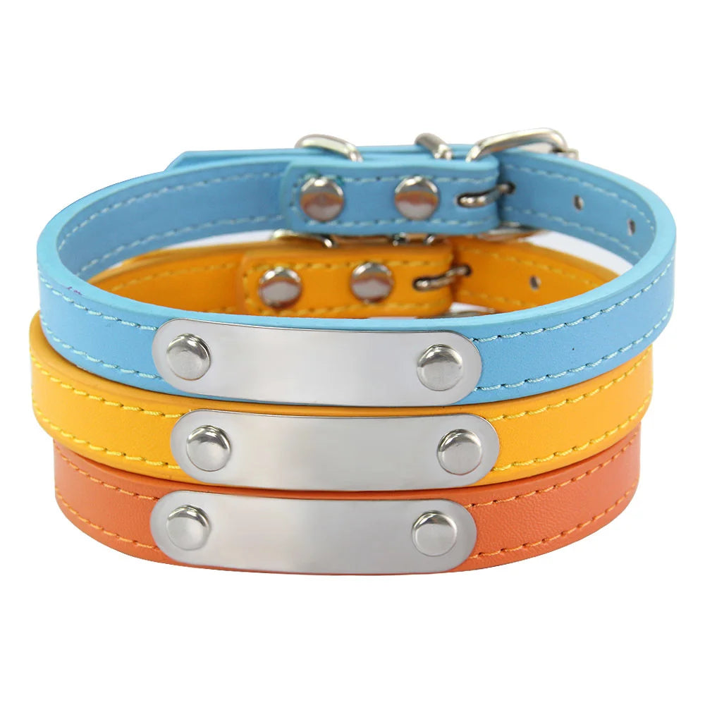 Personalized Dog Collar Name Carved 16 Colors Solid PU Leather Collar