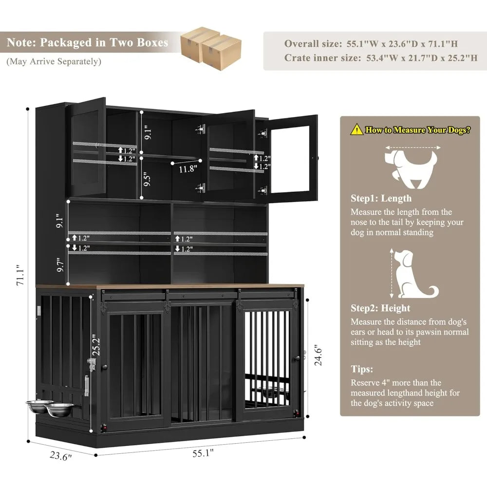 Extra Large Double Dog Crate with Storage Hutch and Feeding Bowls,