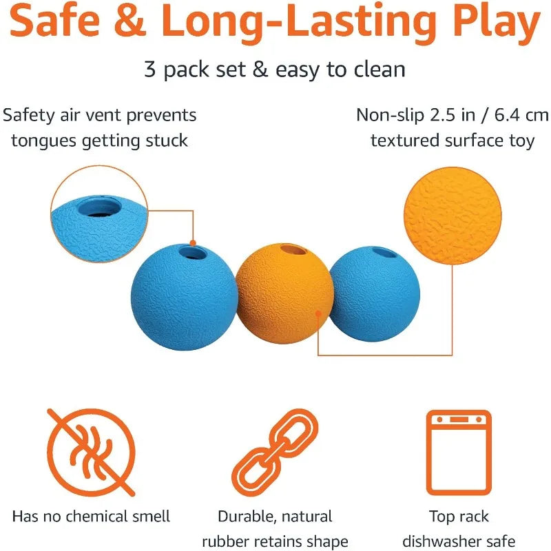 Interactive Dog Toys, Rubber Fetch Balls, Pack of 3, 2.5 Inch, Blue & Orange