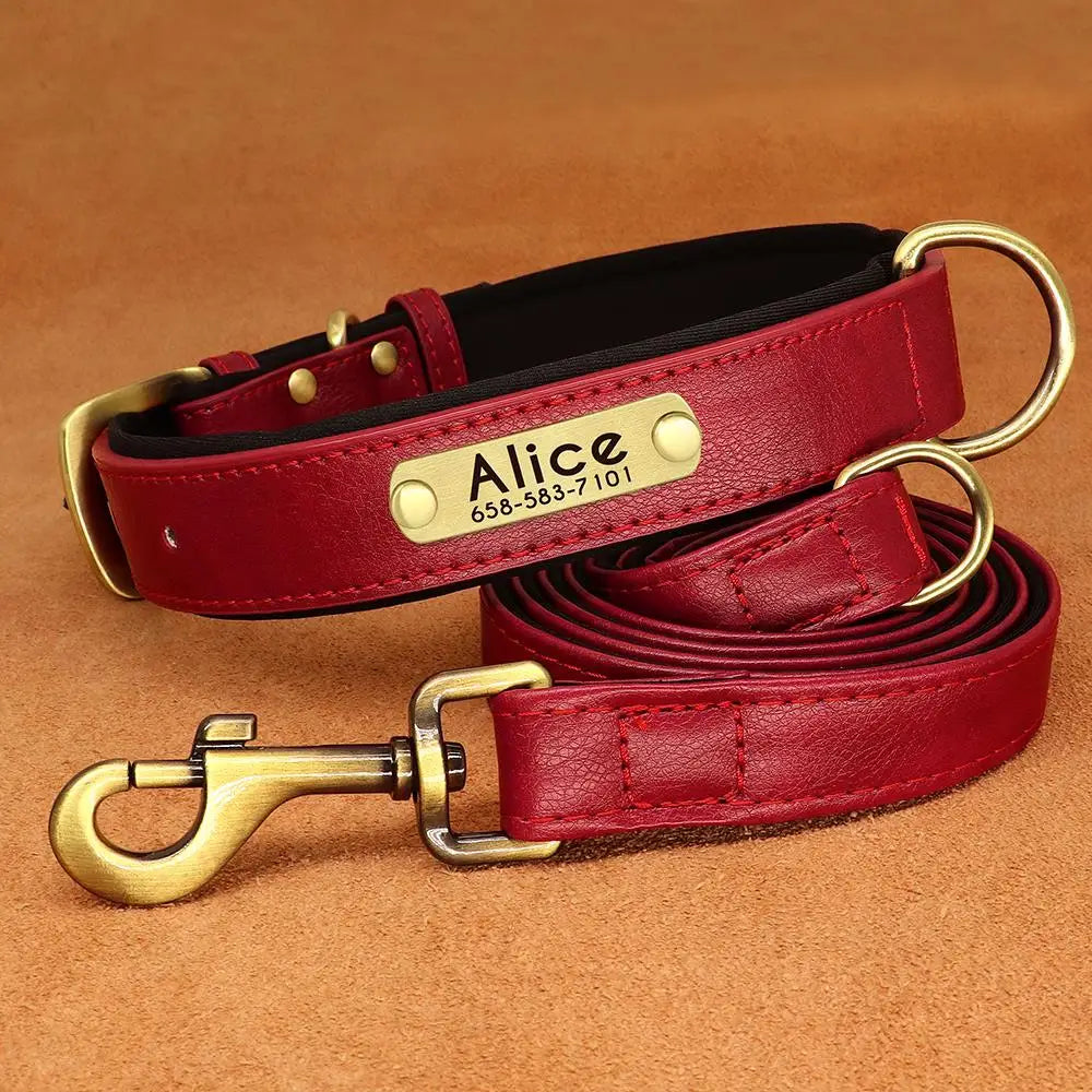 Leather Dog Collar Leash And Collar With Free Engraved Nameplate