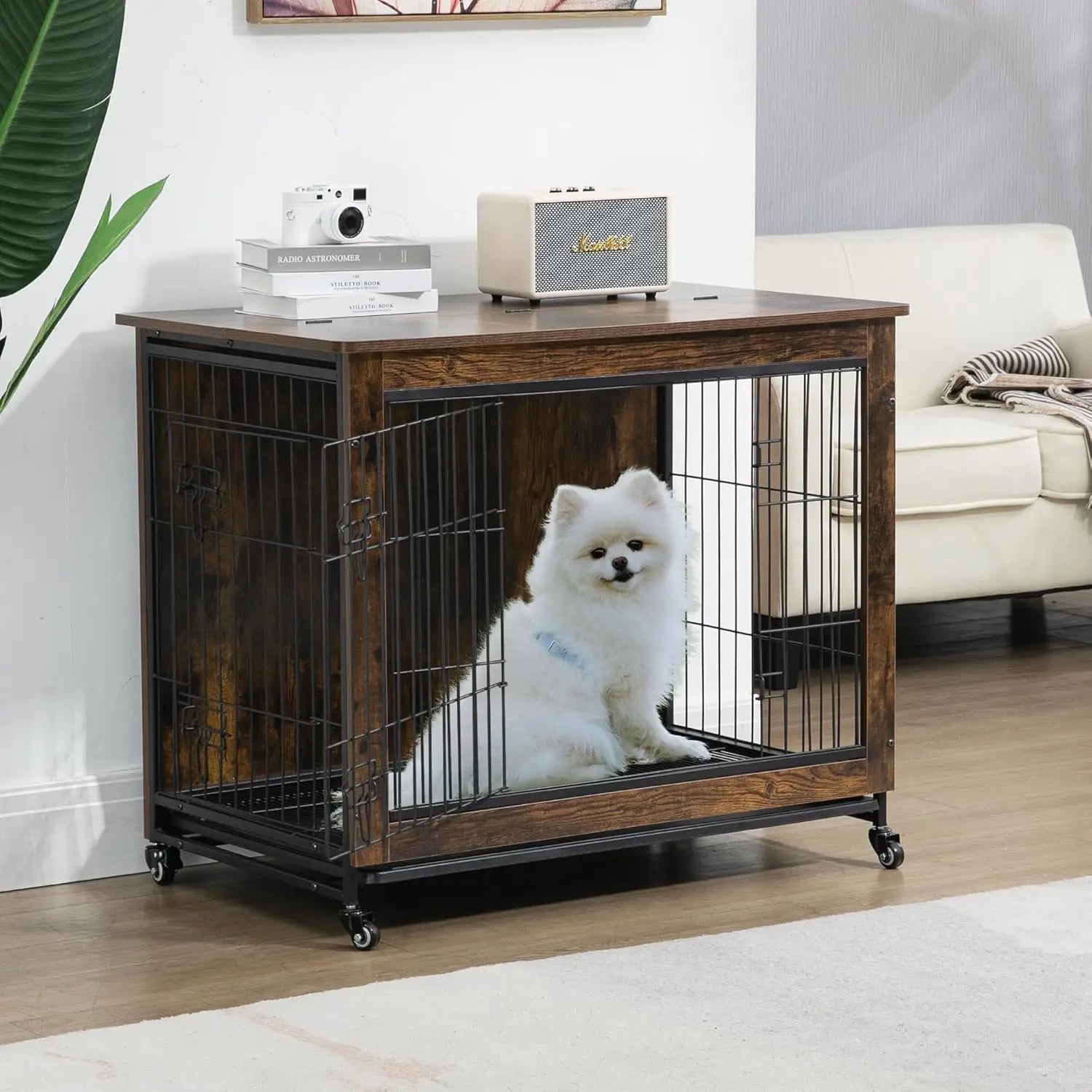 Rustic Dog Crate Furniture with Wheels  Heavy Duty Metal and Wood Dog Kennel