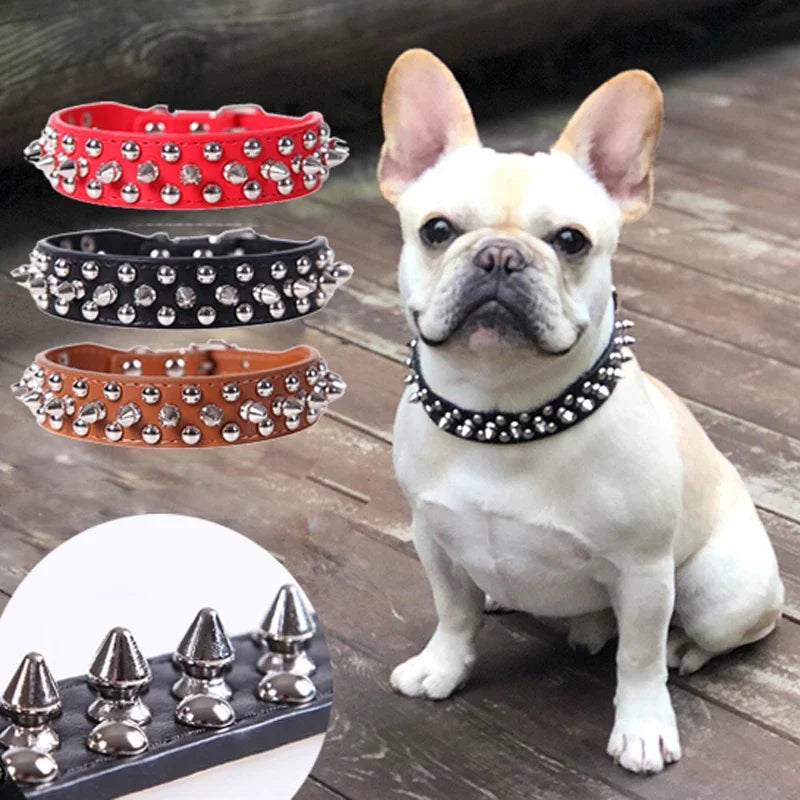 Leather Pet Dog Collar Neck Strap Leather Punk Rivet Spiked Dog Collar