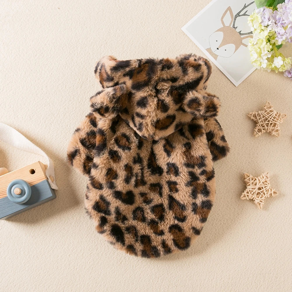 Winter Pet Dog Clothes Warm Fleece Dog Hoodie Leopard Dog Coat