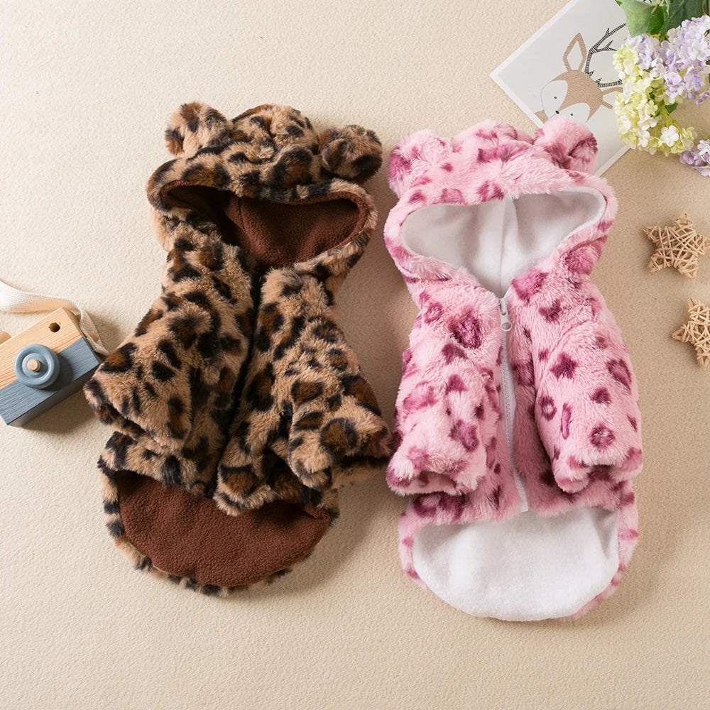 Winter Pet Dog Clothes Warm Fleece Dog Hoodie Leopard Dog Coat