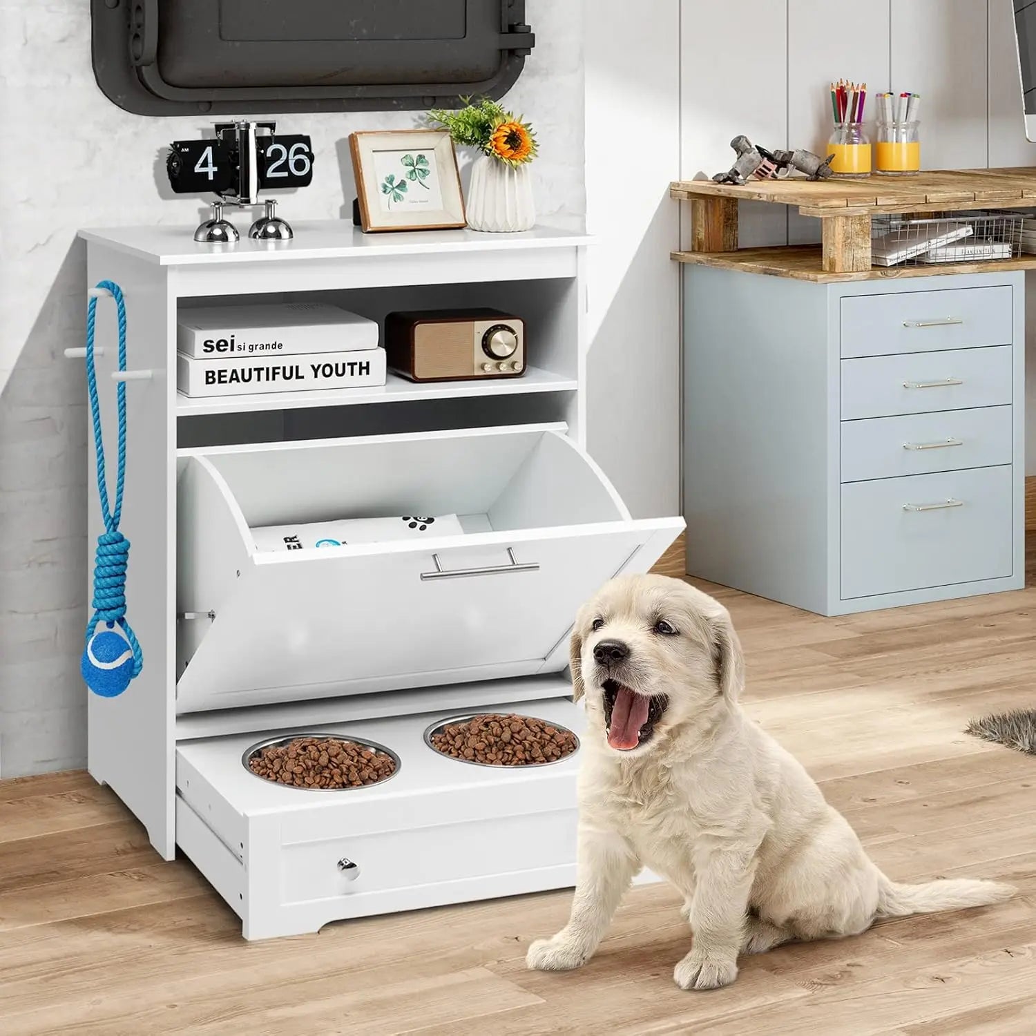 Pet Feeder Station, Dog Food Storage Container with Double Pull Out Dog Bowls,