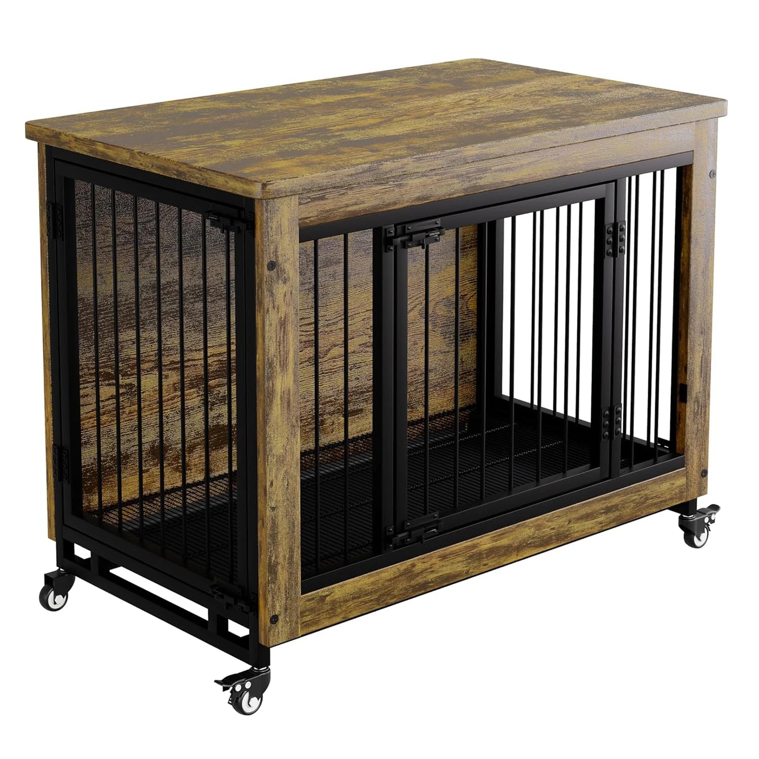 Wooden Dog Crate Furniture with 3 Doors & Wheels Heavy Duty