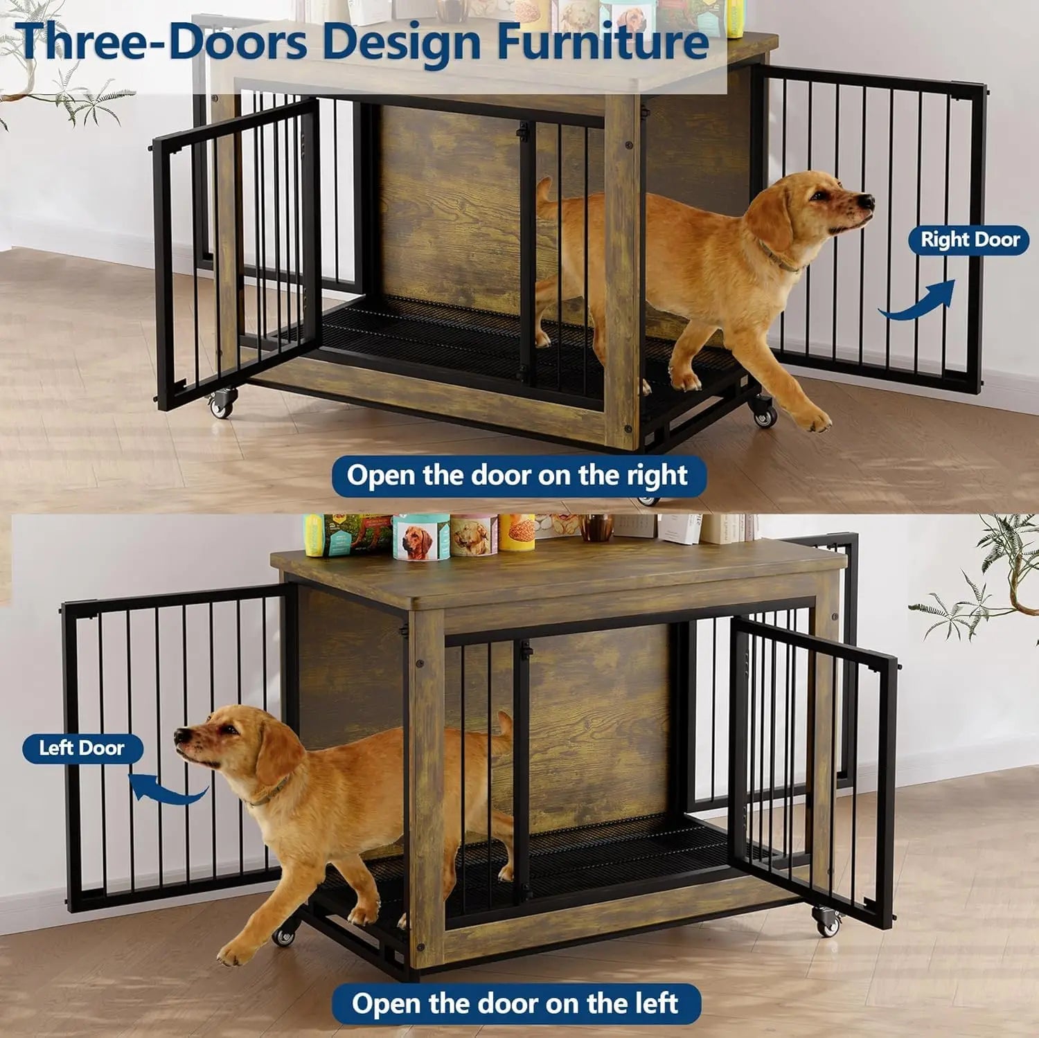 Wooden Dog Crate Furniture with 3 Doors & Wheels Heavy Duty