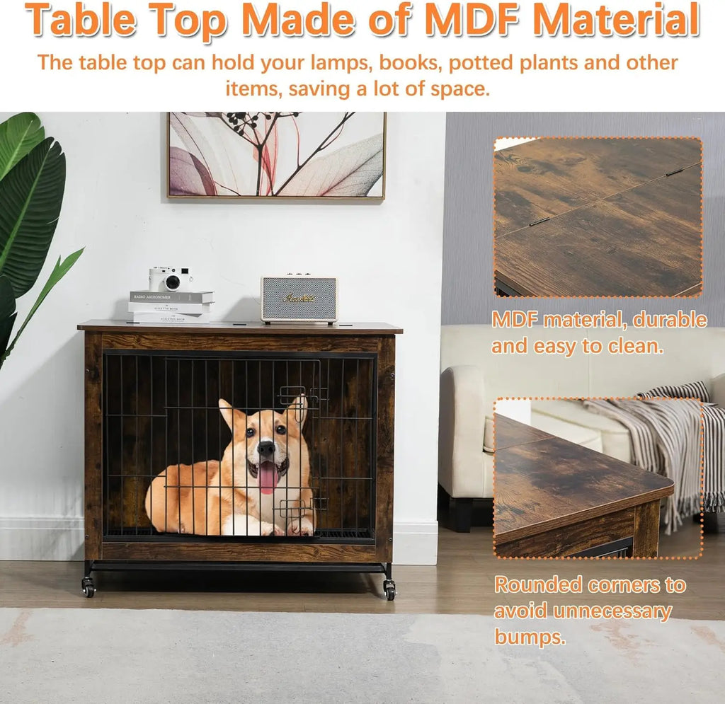 Rustic Dog Crate Furniture with Wheels  Heavy Duty Metal and Wood Dog Kennel