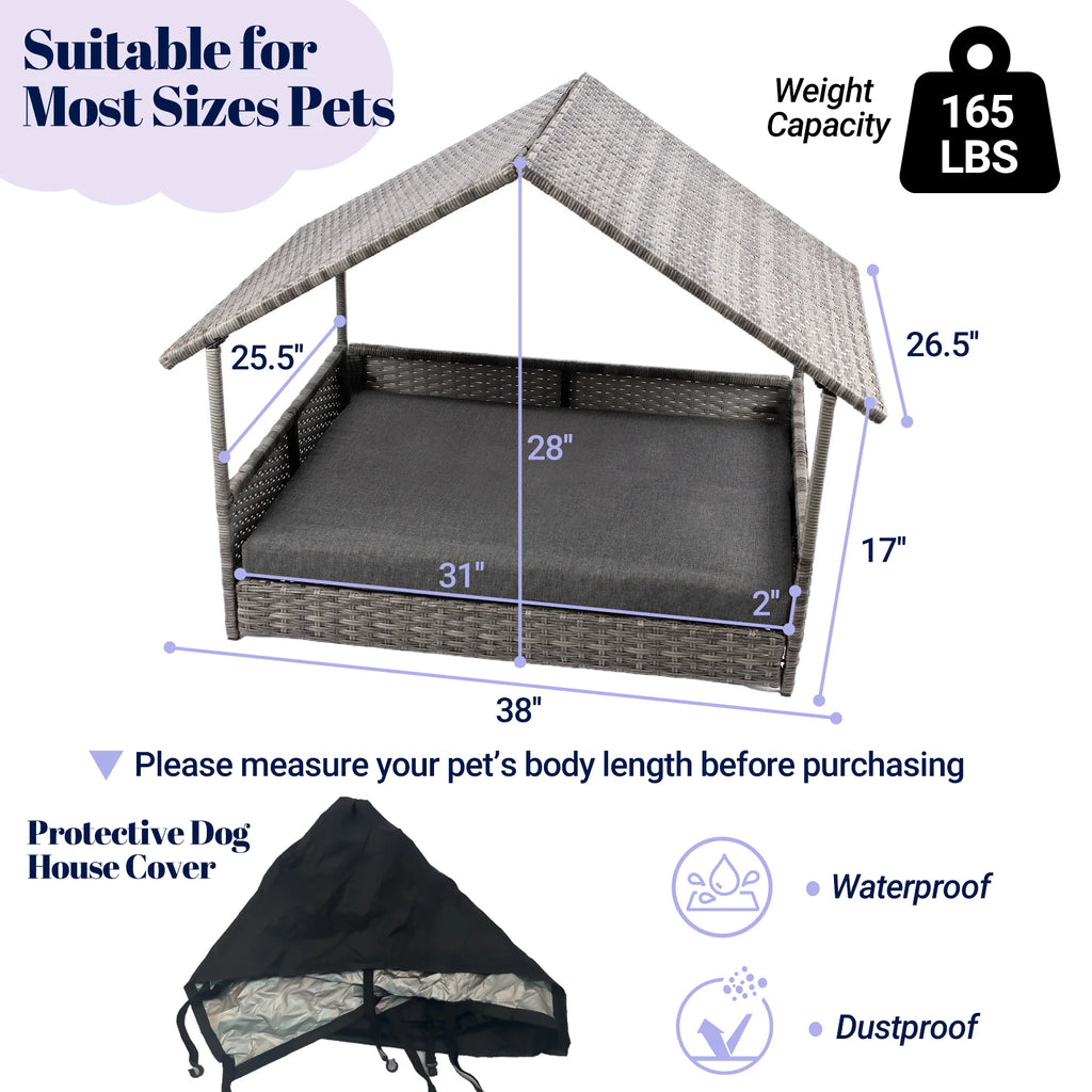 Wicker Dog House, Elevated Rattan Dog Bed with Canopy