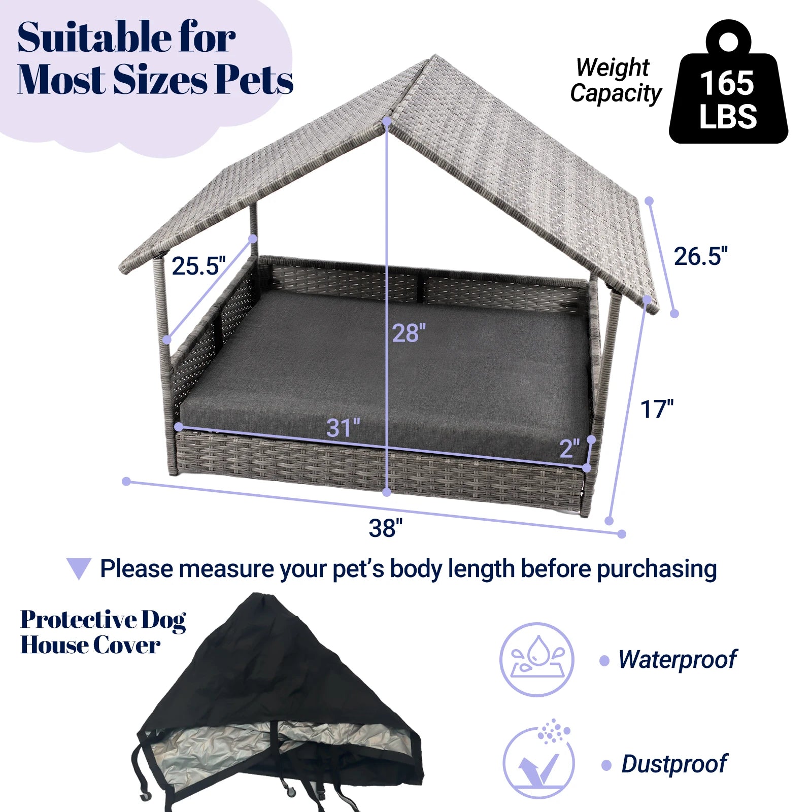 Wicker Dog House, Elevated Rattan Dog Bed with Canopy