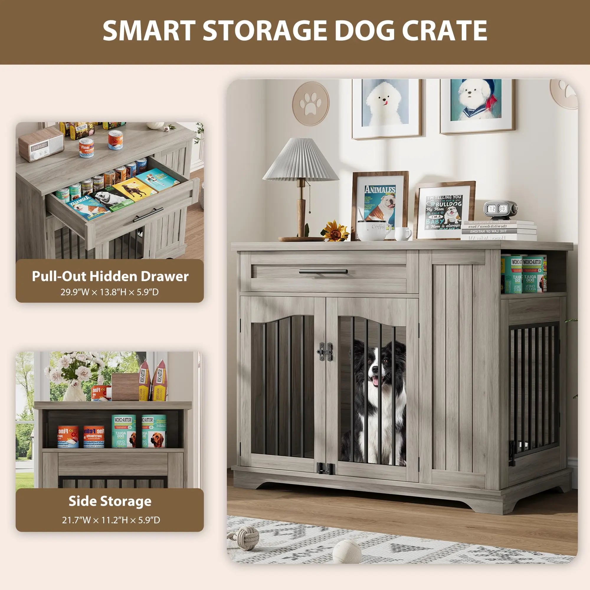 44 Inch Furniture Style Dog Crate Heavy Duty Wooden Dog Kennel With Drawer Side Storage & Built-in Feeding Station For Pets
