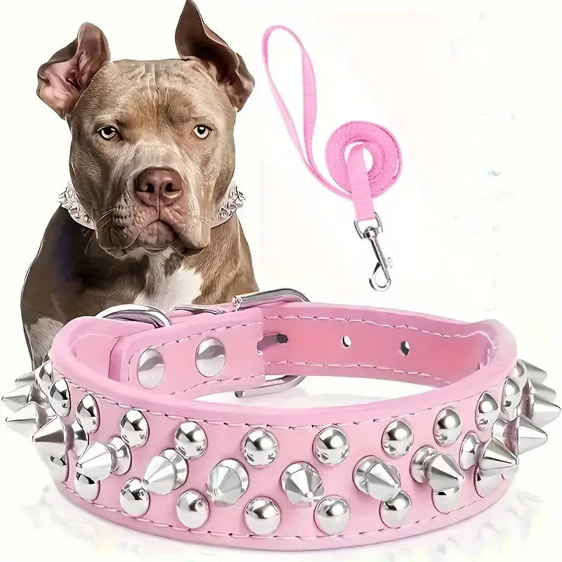 Spiked Dog Collar And Leash Set, Rivet Leather Dog Collar
