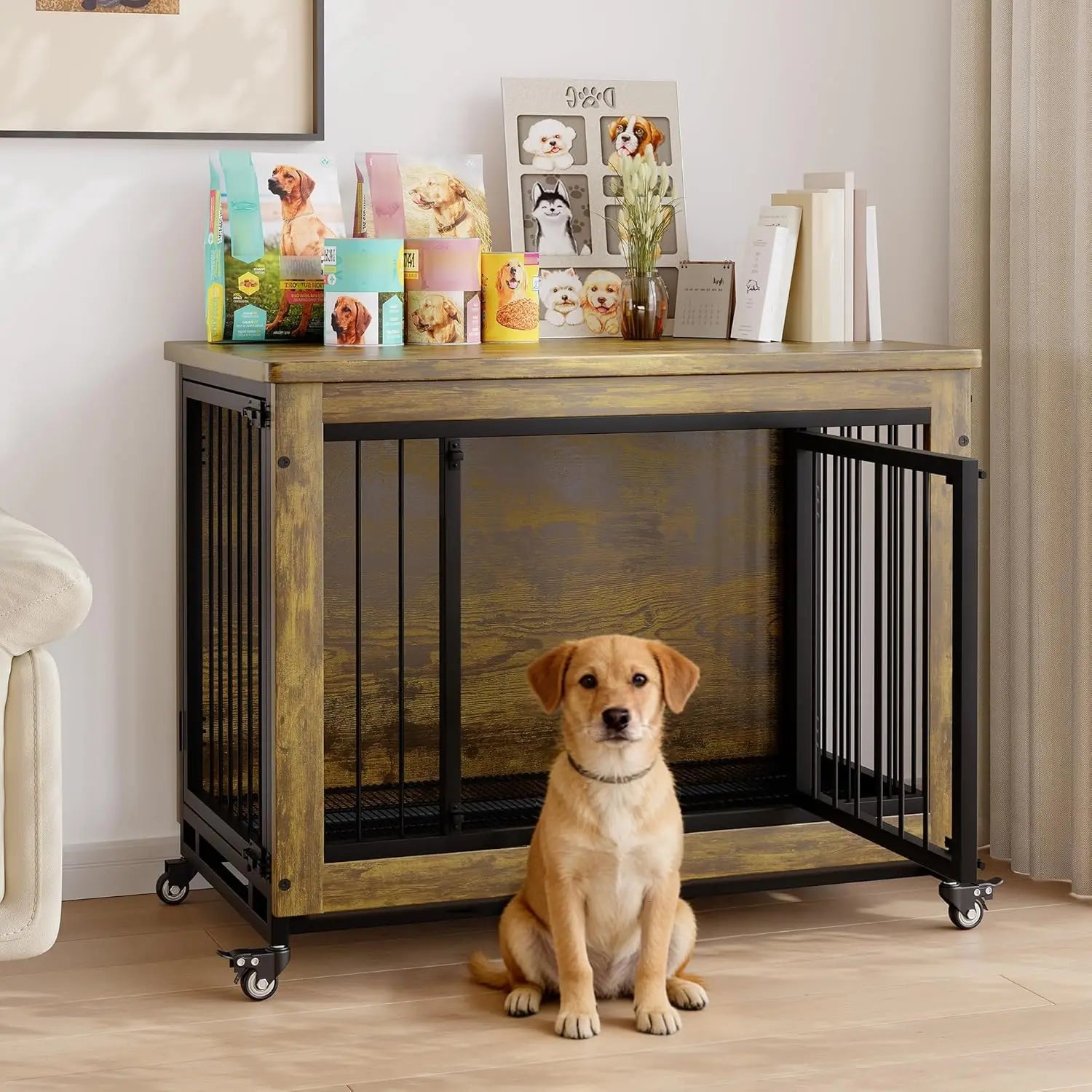 Wooden Dog Crate Furniture with 3 Doors & Wheels Heavy Duty