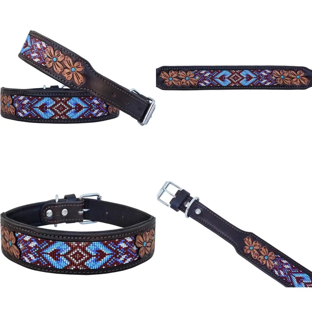 Heavy-Duty Adjustable Leather Dog Collar - Large Size Western Style,