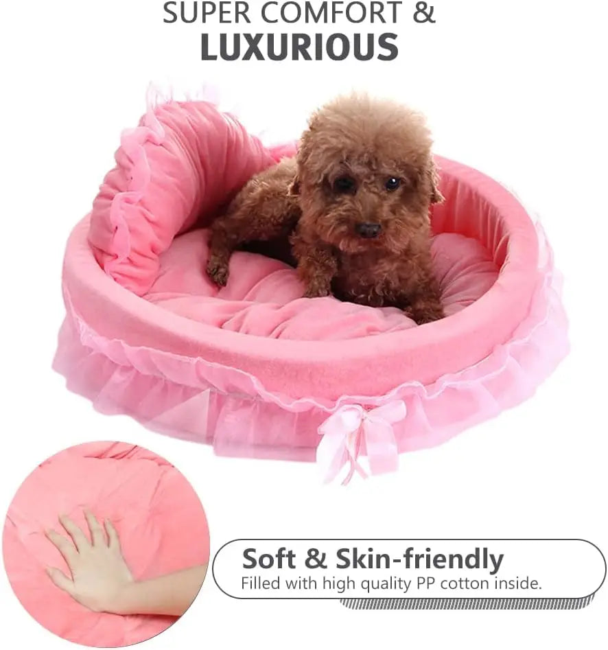 Pink Dog Bed Washable Princess Couch Soft Plush Pet Sofa with Bowknot.