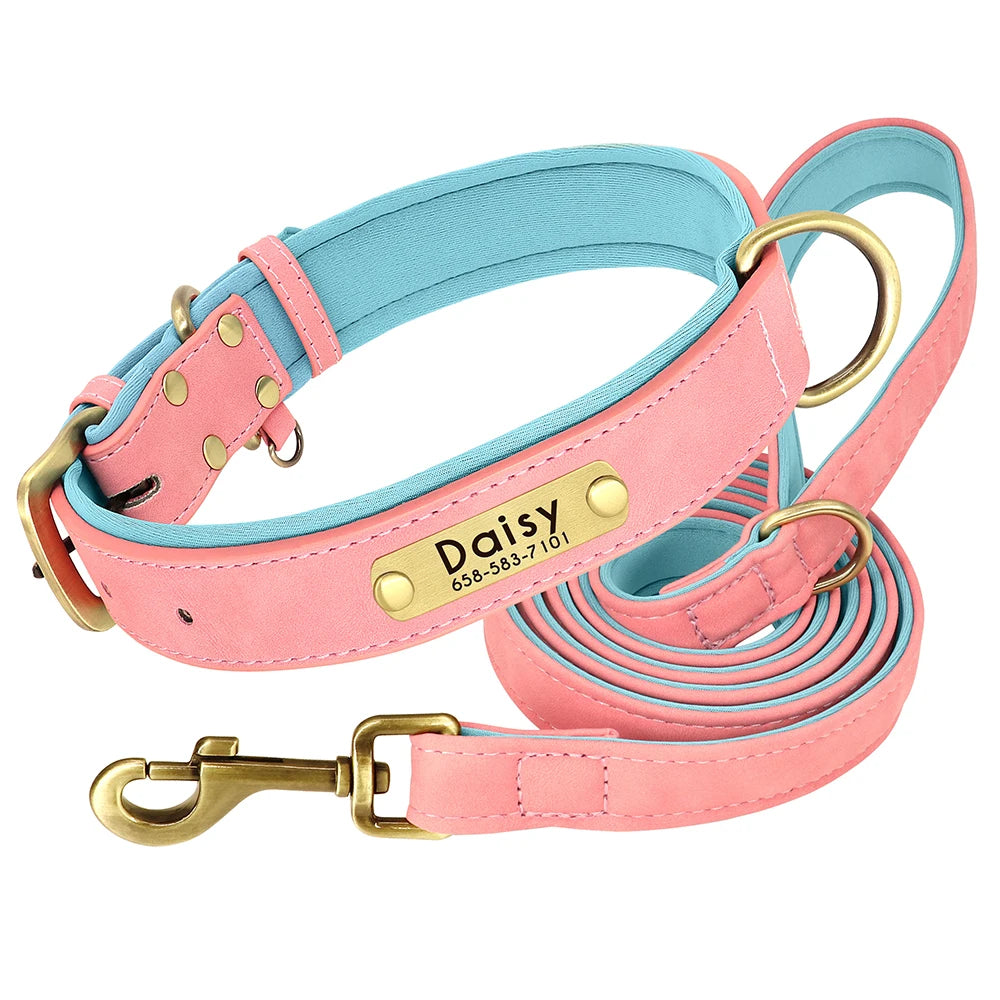 Leather Dog Collar Leash And Collar With Free Engraved Nameplate