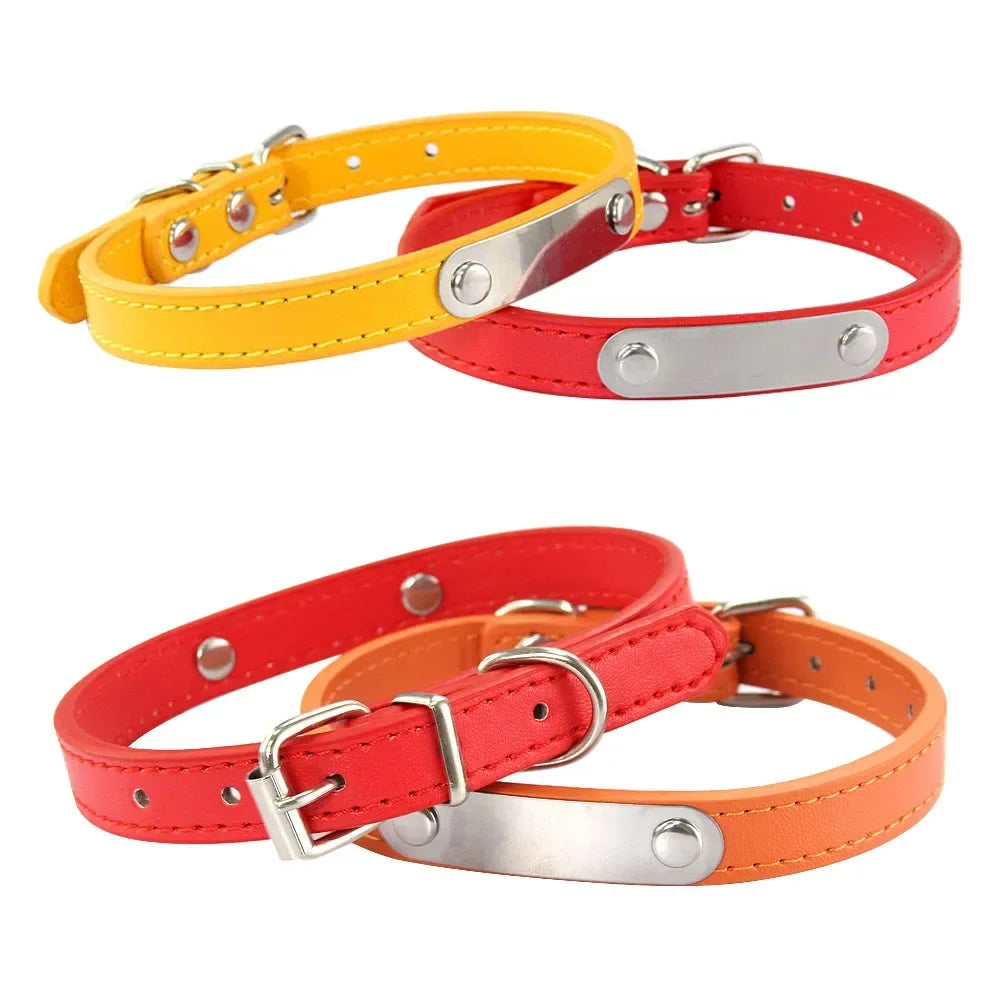 Personalized Dog Collar Name Carved 16 Colors Solid PU Leather Collar