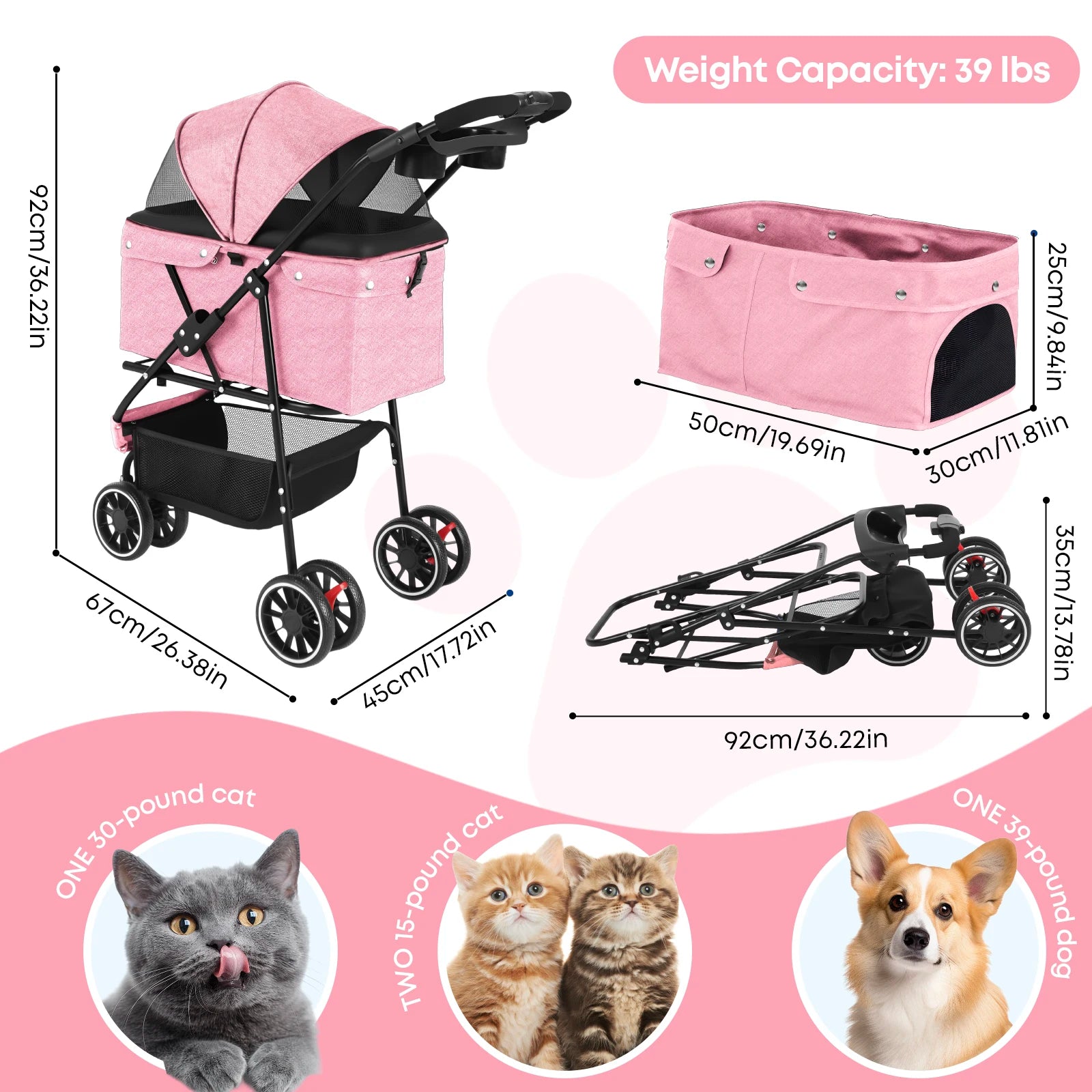 Pet Stroller For Small Puppy Dogs & Cats Travel Portable Dog Stroller