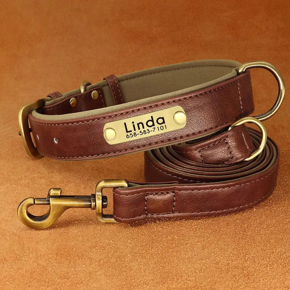 Leather Dog Collar Leash And Collar With Free Engraved Nameplate