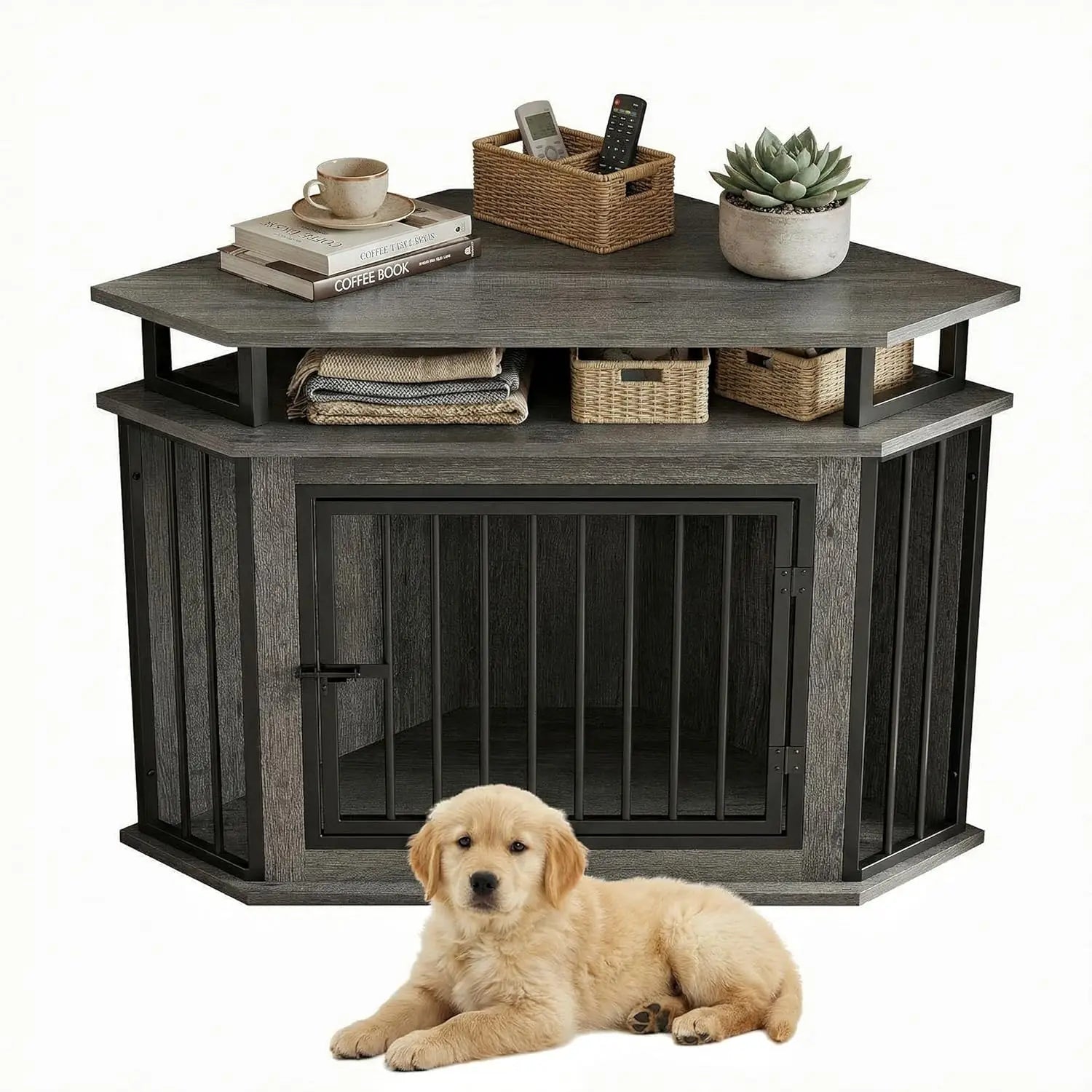 44" Corner Dog Crate with 2-Tier Shelves, Wooden Kennel Furniture for TV Stand,
