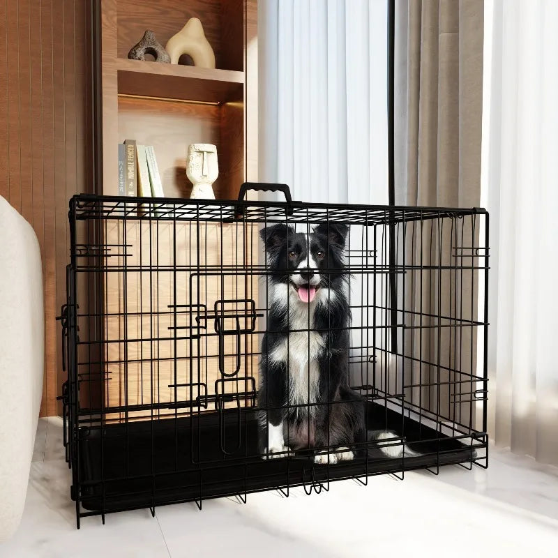 42 Inch Dog Crate for Large Dogs with Divider and Leak-Proof Pan Tray Double Door Folding Metal Cage Indoor Outdoor Travel