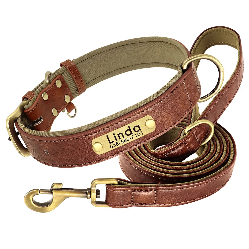 Leather Dog Collar Leash And Collar With Free Engraved Nameplate