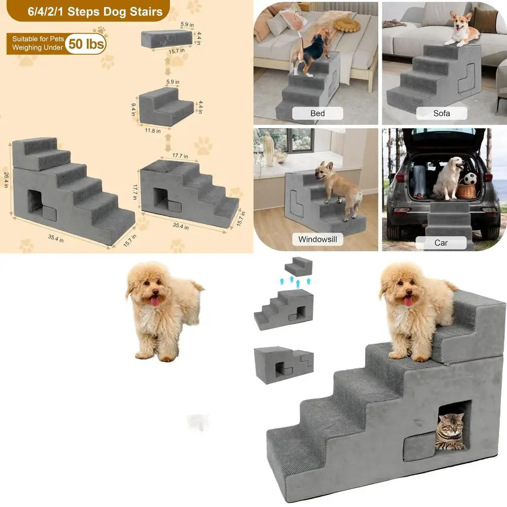 Pet Steps for Small Dogs: 6-Step Foam Stairs with Non-Slip Cover for High Beds