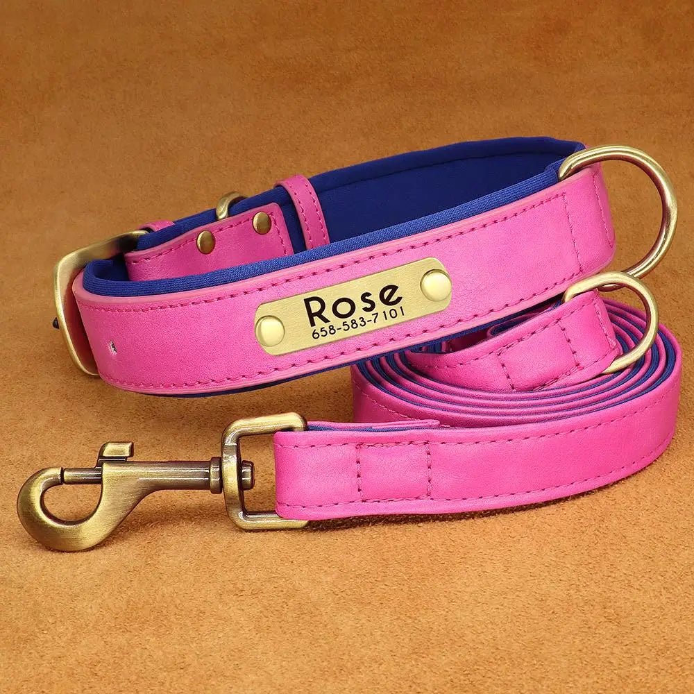 Leather Dog Collar Leash And Collar With Free Engraved Nameplate